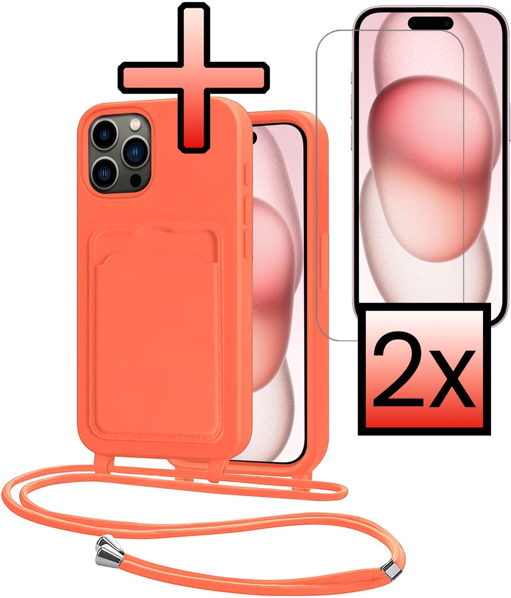 Hoes Geschikt voor iPhone 15 Pro Hoesje Pasjeshouder Cover Met Koord Case Siliconen Hoes Met Telefoonkoord en Kaarthouder Met 2x Screenprotector - Papaya