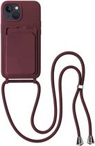Hoes Geschikt voor iPhone 13 Hoesje Pas Houder Case Hoes Met Koord - Hoesje Geschikt voor iPhone 13 Hoes Met Telefoonkoord Pasjeshouder Cover - Aubergine