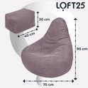 Lila beanbag stoel en poef, corduroy stof, met afmetingen 75x90cm voor de stoel en 40x30cm voor de poef.