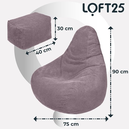 Lila beanbag stoel en poef, corduroy stof, met afmetingen 75x90cm voor de stoel en 40x30cm voor de poef.
