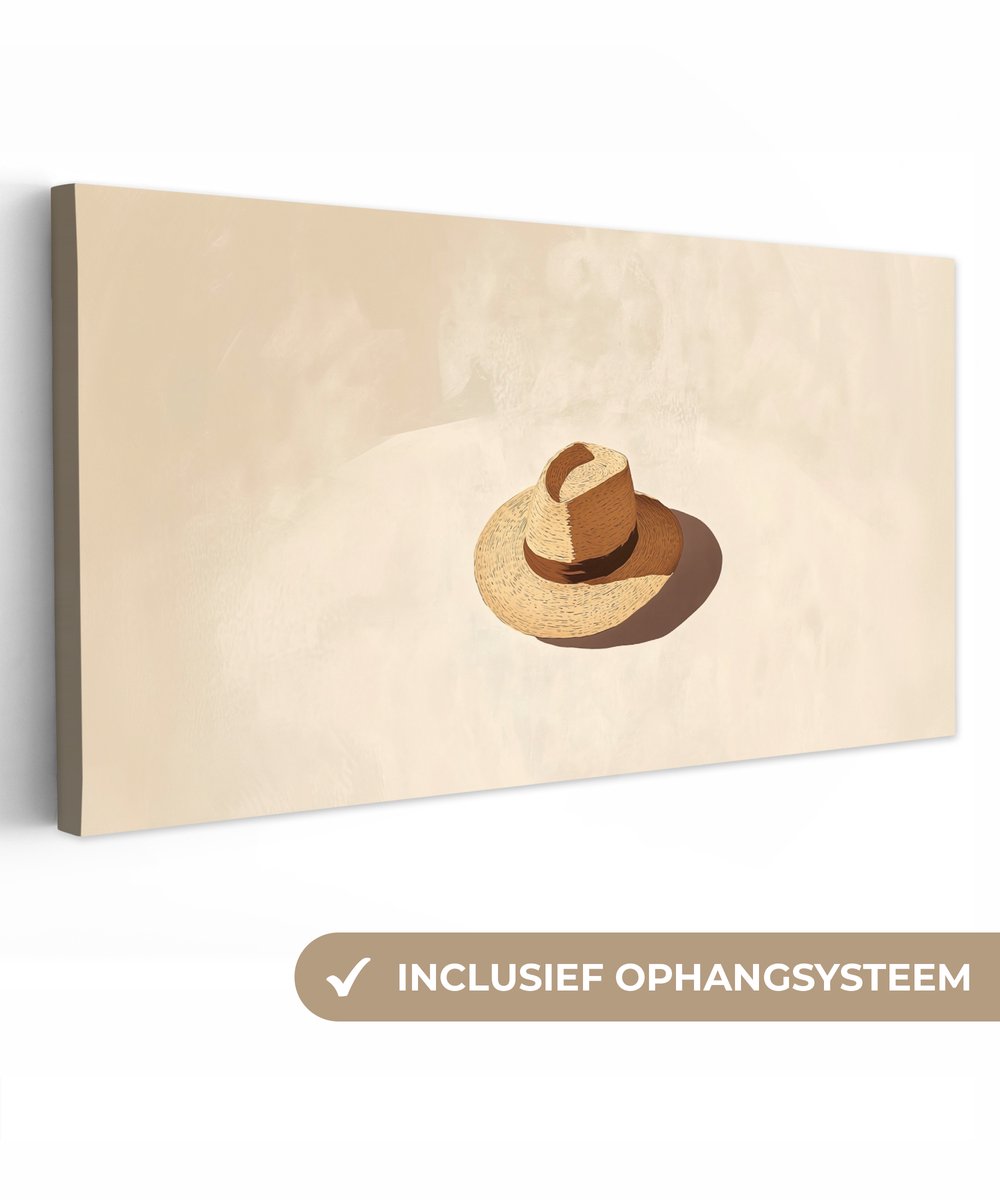 Canvas schilderij 80x40 cm - Exclusieve wanddecoratie Hoed - Minimalistisch - Schaduw - Beige - Muurdecoratie woonkamer - Slaapkamer decoratie - Kamer accessoires - Schilderijen op canvas