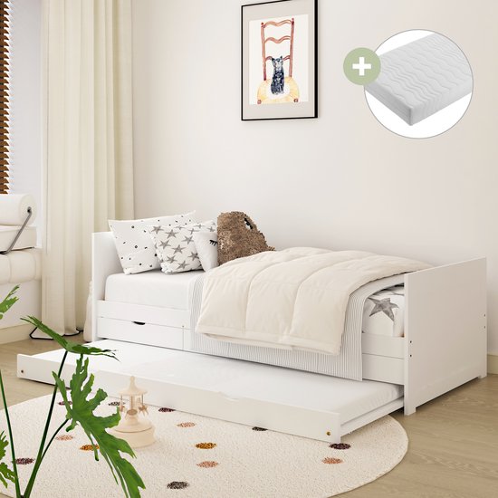 Lit enfant Sunny Eli - Lit gigogne - Avec 3 tiroirs de rangement - Lit enfant avec lit gigogne - 206 x 97 x 75 cm - Lit enfant Filles et Garçons - 100 % bois FSC - Avec sommier à lattes - Lit cabane - Matras inclus - Wit
