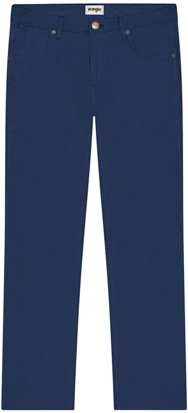 Donkerblauwe Wrangler jeans voor heren met ritssluiting en knoop.