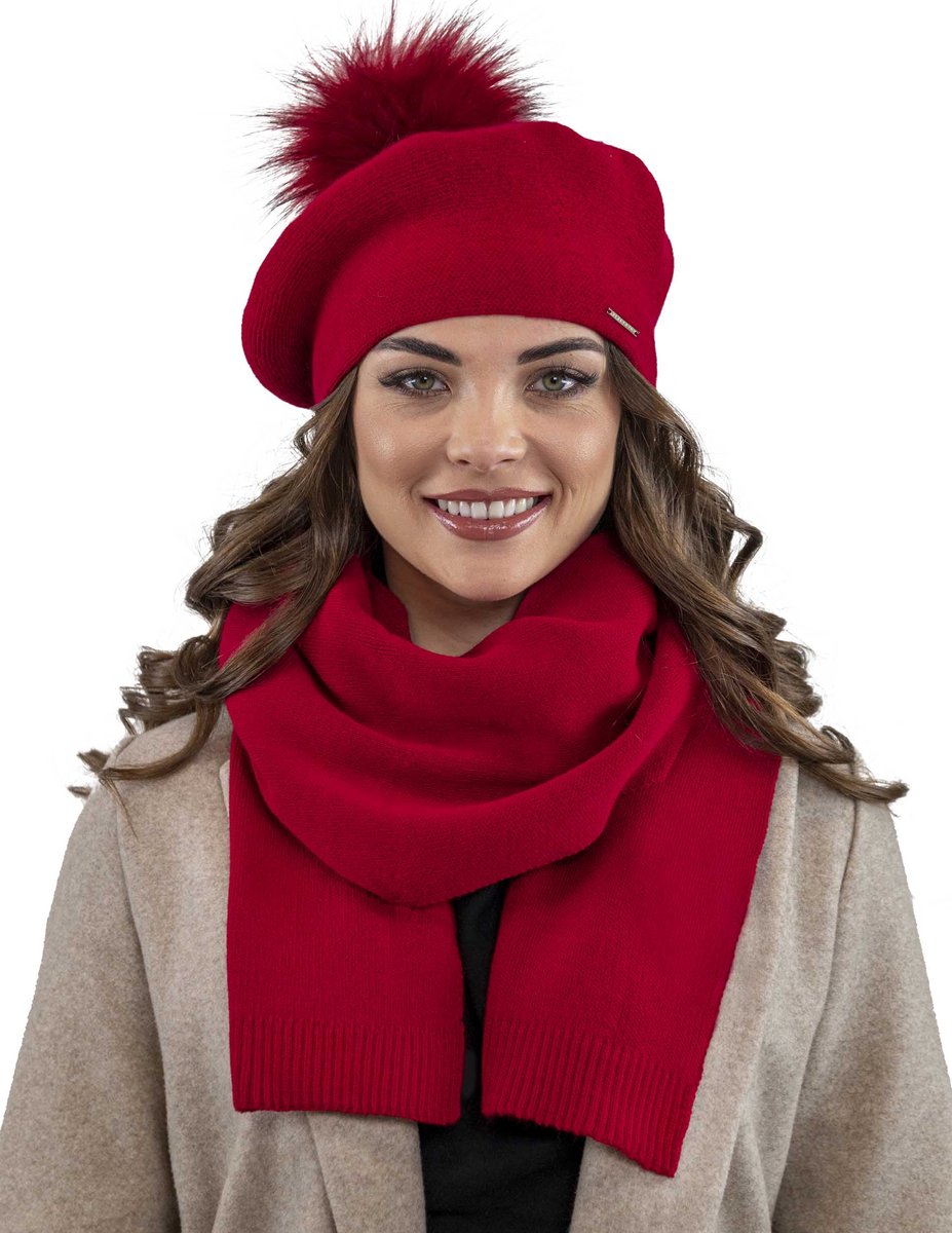 Vivisence Dames Winter Baret En Sjaal Set - Wolmix Met Wol En Acryl Met Pompon Van Imitatiebont - Zacht Comfort Voor Koude Dagen Elegant Bij Alledaagse En Chique Outfits Afmetingen Sjaal 166 x 29 cm - Rood