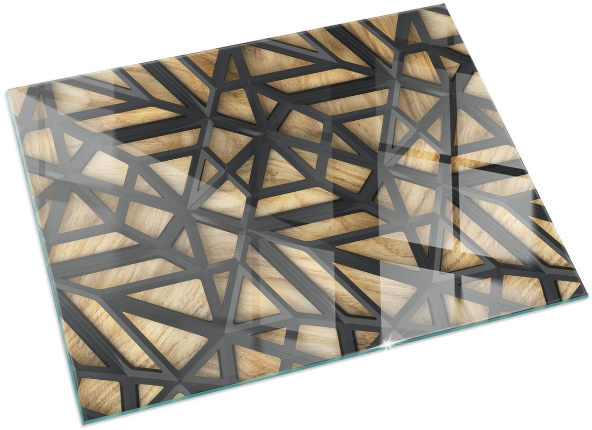 Wallfluent Kachel Vloerplaat - Geometrie Met Hout Plaat Voor Onder Kachel - 120x80 cm - Rechthoek Onderplaat Kachel - Bruin Vloerplaat Openhaard
