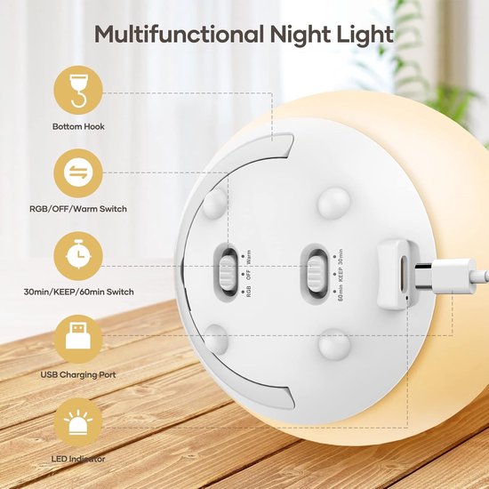 Kinder Nachtlamp - Oplaadbare USB Nachtlamp - Aanraking, Dimbaar Warm Wit & 7 Kleuren RGB, Timer - Voor Slaapkamer, Baby, Camping - Cadeau Nachtlamp -Ideaal Cadeau - Wit - 1 Stuk van Ailyon — afbeelding 4
