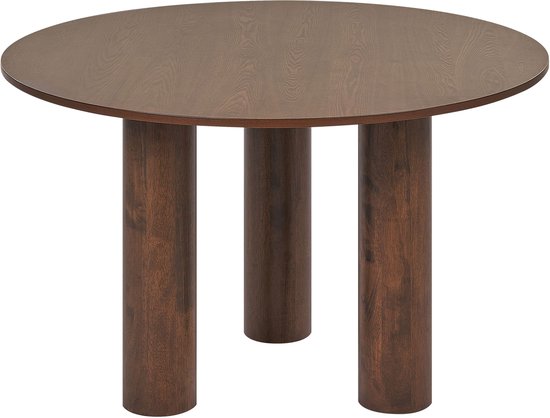 Ronde eettafel met donkerbruin tafelblad en drie cilindrische poten.