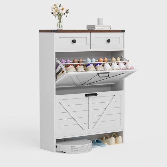 Meuble à chaussures avec 2 tiroirs rabattables, meuble de rangement à chaussures autonome avec étagère réglable/dispositif anti-basculement, meuble de rangement pour entrée, couloir , Living , meuble à chaussures en bois