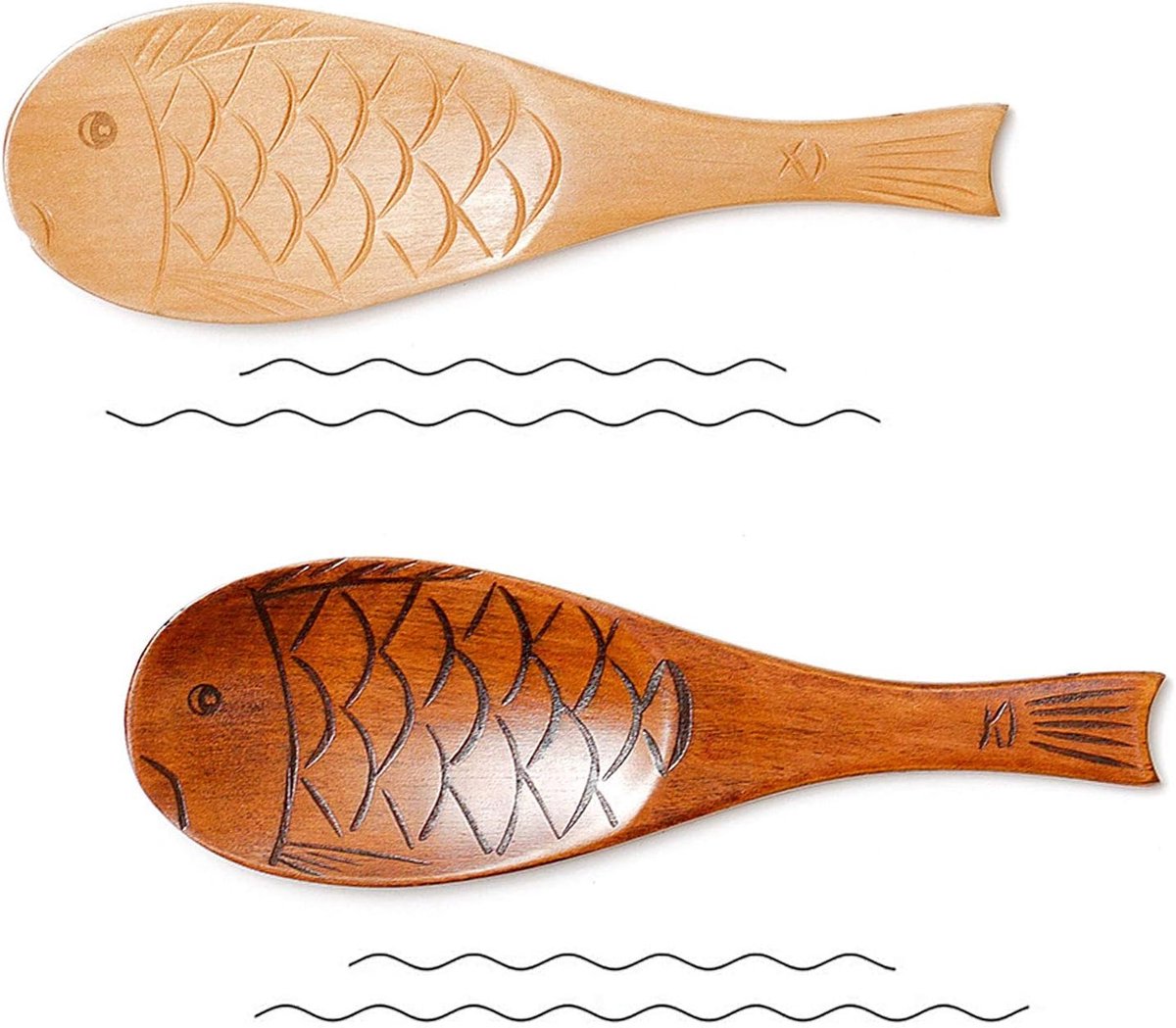 Cuhostki 2Pcs Wooden Fish Shape Rice Spoon Natural Wood Lacquer Color