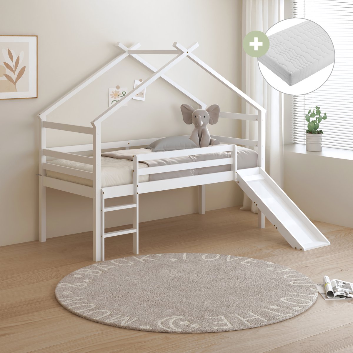 Sunny River Halfhoogslaper – Met Glijbaan – Met Uitvalbeveiliging en rechte ladder - Bedhuisje – 213 x 97 x 183 cm – Peuterbed Meisjes en Jongens – FSC 100% Hout – Huisbed 90x200 - Met Lattenbodem – Kinderbed - Inclusief Matras – Wit