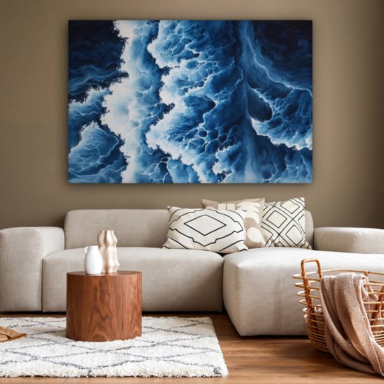 Canvas schilderij 180x120 cm - Exclusieve wanddecoratie Golven - Blauw - Schuim - Muurdecoratie woonkamer - Slaapkamer decoratie - Kamer accessoires - Schilderijen op canvas
