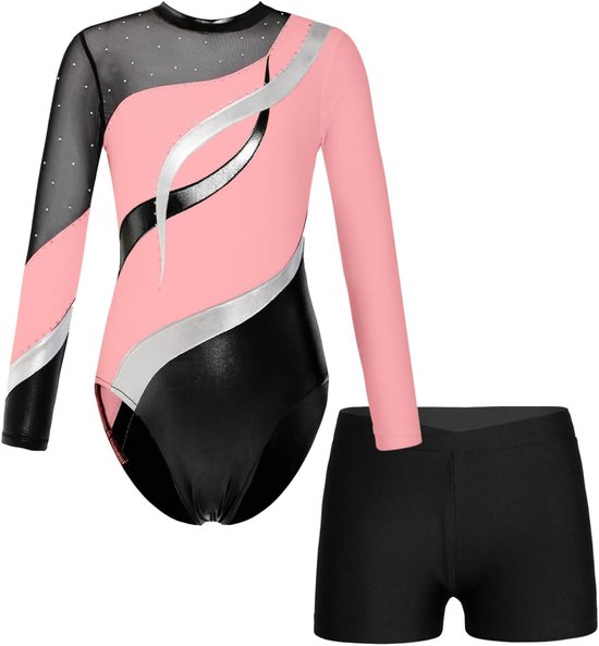 inhzoy Turnpakje, voor meisjes, met korte en lange broek, mouwloos, colour blocking, set met tricot, leggings, shorts en haarelastiekjes, gymnastiekset, danskleding, paars, 158-164