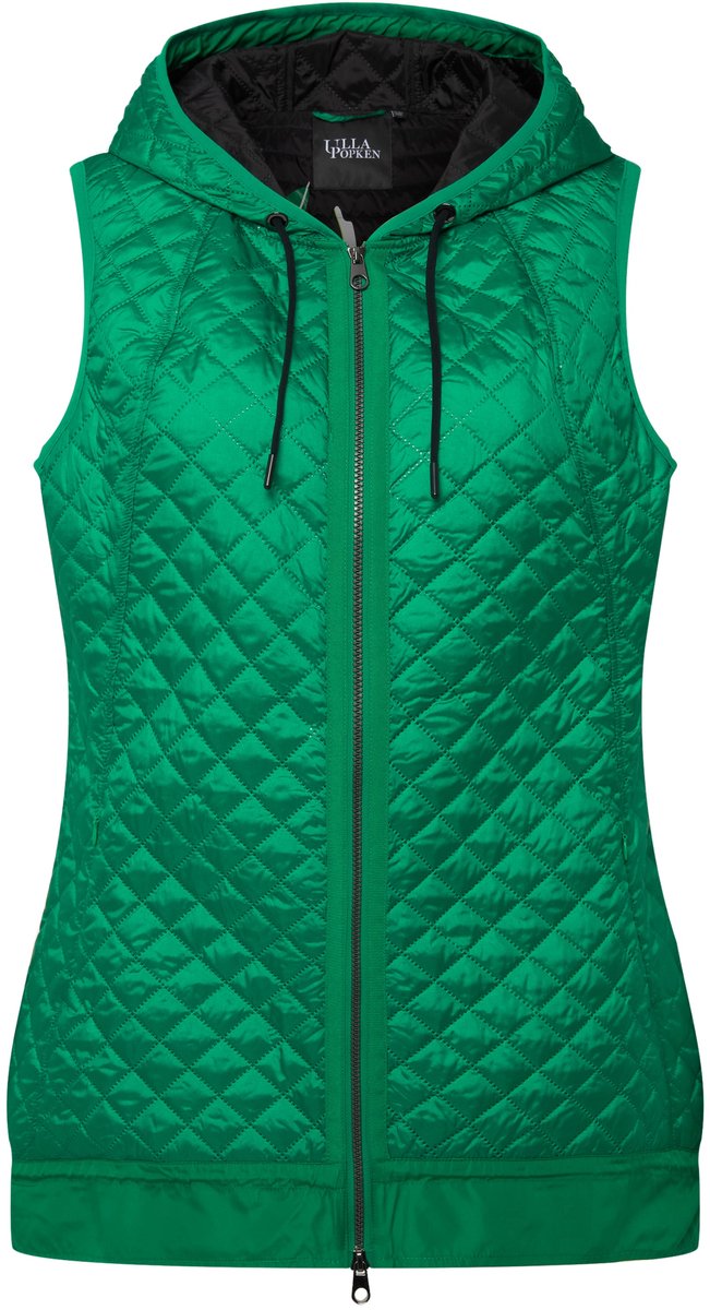 Ulla Popken - Dames - gewatteerde bodywarmer tunnelkoord capuchon 2-weg zipper - Smaragdgroen - Maat 42+