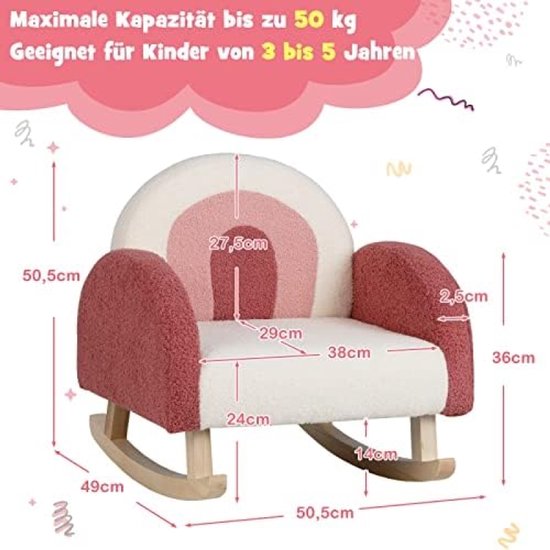 Kinder Schommelstoel Teddy Fluweel Rood Met Massief Houten Poten Anti-Kantel Design Mini Stoel Voor Kinderkamer Peuters 3-5 Jaar — afbeelding 3