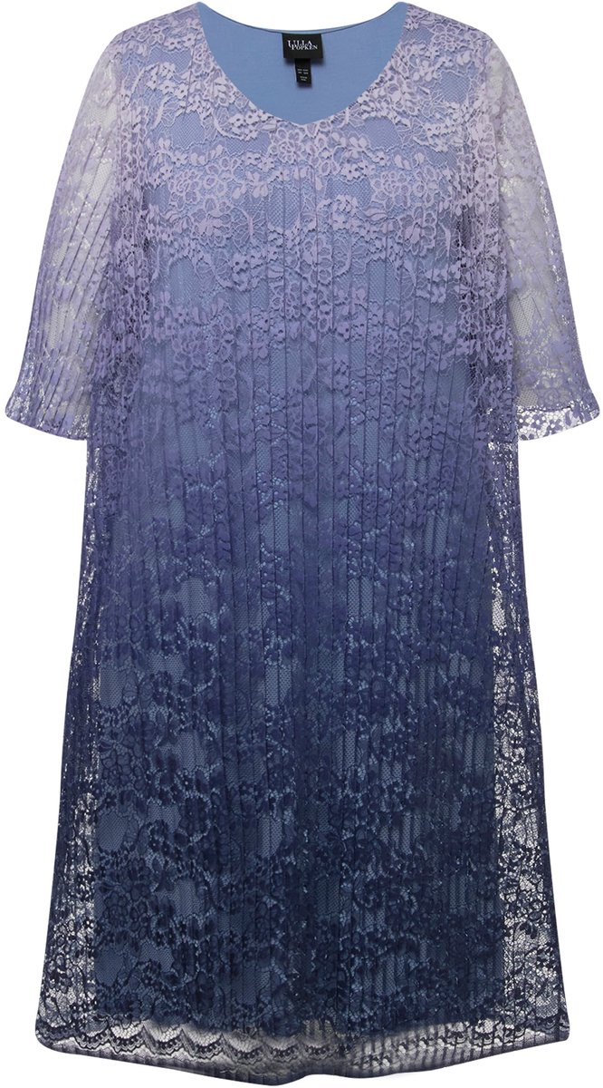 Ulla Popken - Dames - Midi-jurk geplooid kant V-hals halve mouwen - Marine - Maat 46+