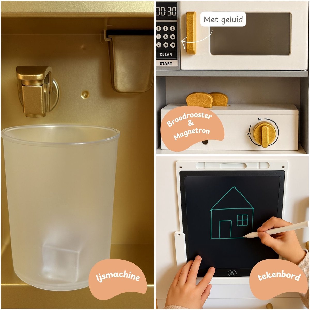 Maxx kidz - Houten Speelgoed Keuken Met Hoek - Complete Speelkeuken - Grijs Keukentje - Stevige Kinderkeuken met Accessoires - Speelgoedkeuken met Licht, Geluid en Pannetjes — afbeelding 10