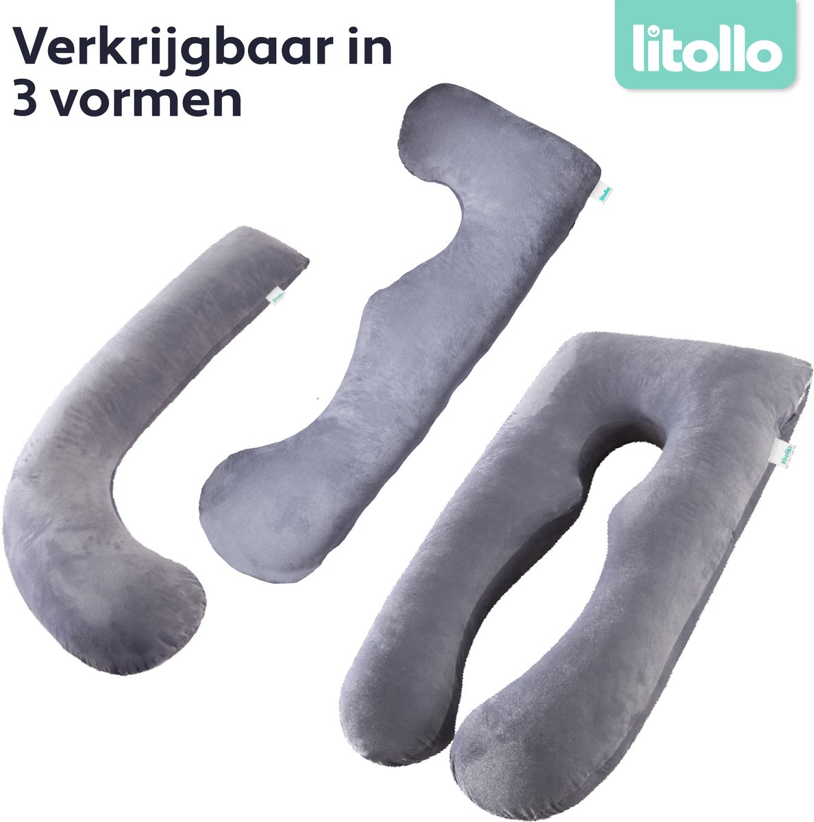 Litollo® Zwangerschapskussen XL - Voedingskussen - Lichaamskussen - Body pillow - 140cm - Afneembare hoes - Grijs - Fleece – foto 6