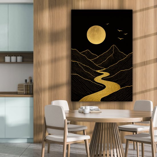 Tableau sur toile 80x120 cm - Décoration murale exclusive Rivière - Or - Lune - Vogels - Décoration murale murale salon - Décoration chambre - Accessoires de décoration - Peintures sur toile