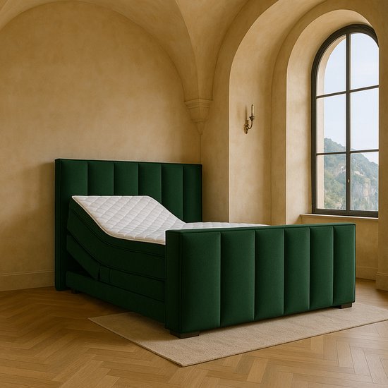 Boxspring Amalfi Elektrische verstelbaar met Luxe Pocketvering Stof 140x200 cm donkergroen Gratis 2x Hoofdkussens