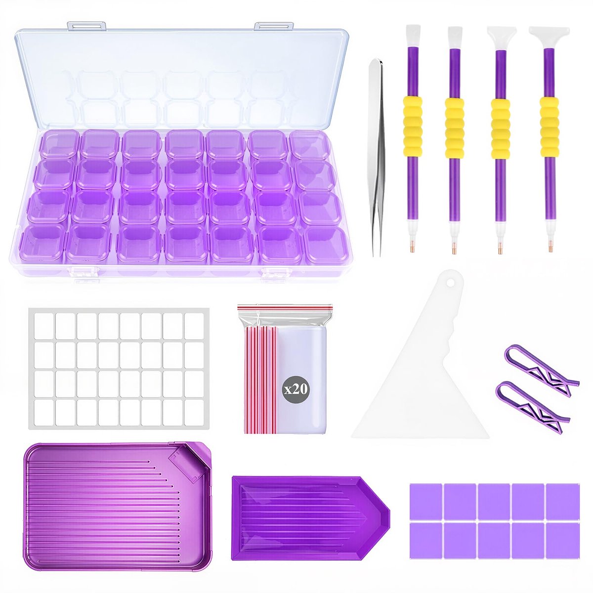 Diamond Painting Accessoires Set - 46-delig - Voor beginners - Met pennen, pincet, lijm, bakjes, 28-vaks opbergdoos en diamant-correctietool