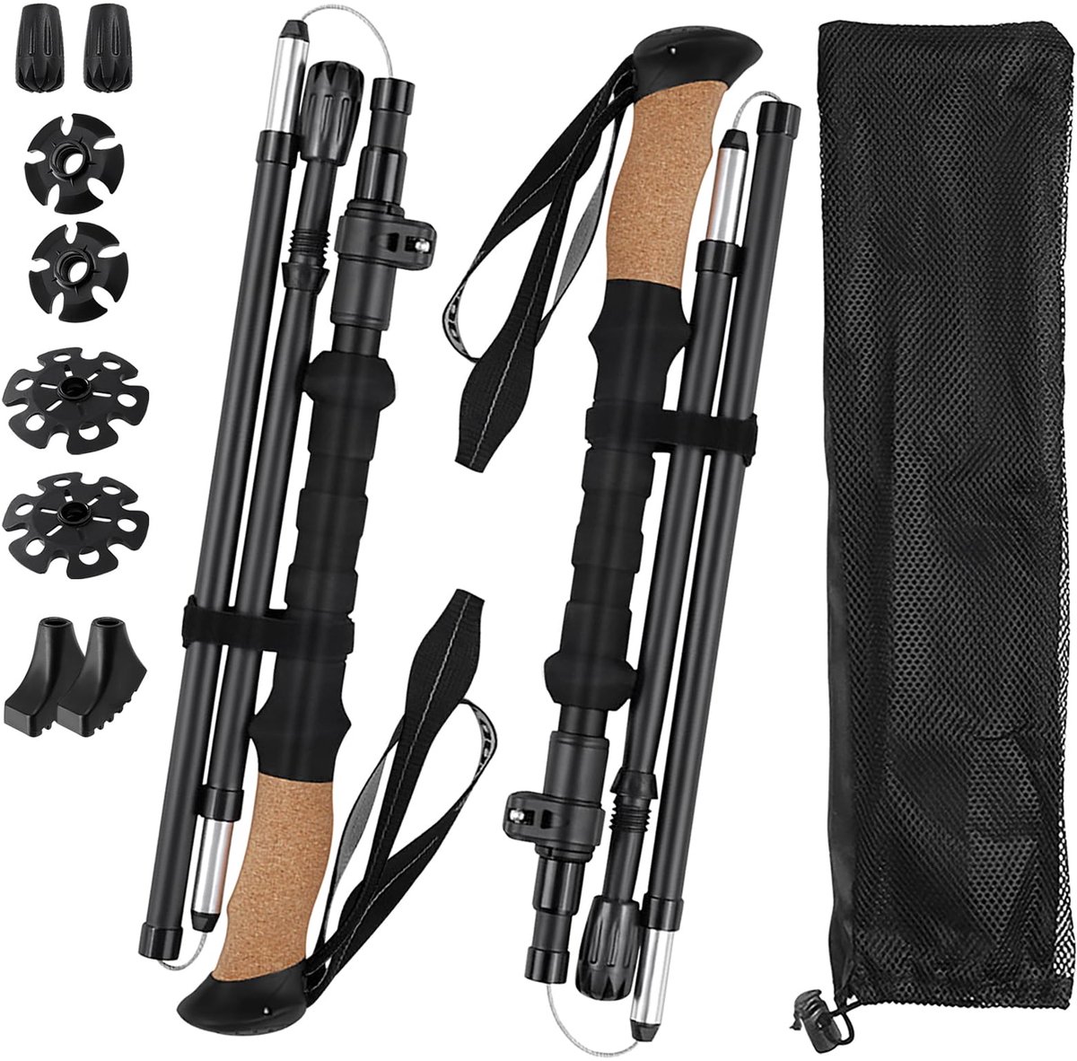 Opvouwbare wandelstokken - Wandelstokken van aluminium of carbon met kurken handvat - Nordic walking stokken voor mannen en vrouwen met rubberen buffer - Opvouwbaar of telescopisch als trekkingstokken voor wandelen, skitochten
