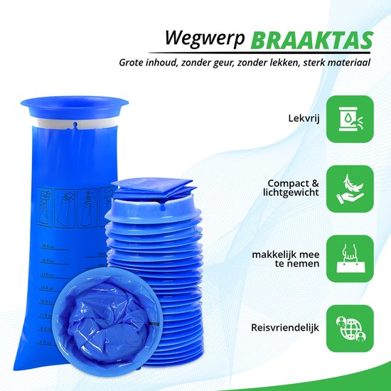 Lichtblauwe wegwerp braakzak, opvouwbaar, met maataanduiding in oz en ml.