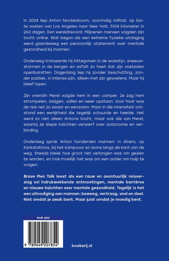 Boekcover met de titel 'Brave Men Talk', een foto van een man en vrouw met hond in een camper, en tekst over de inhoud.