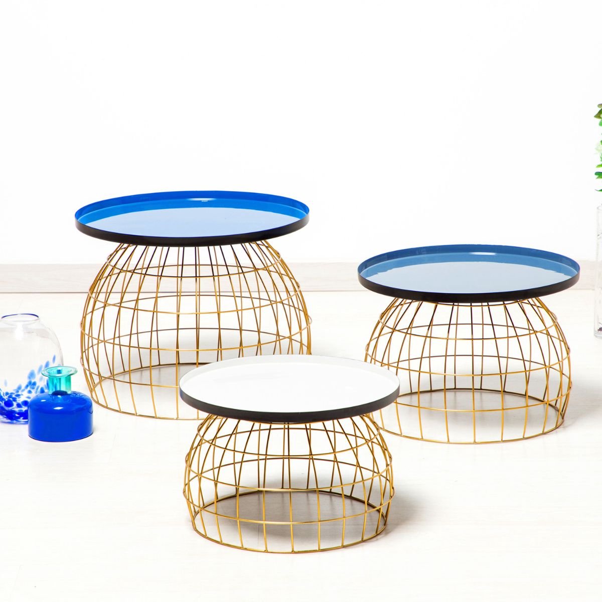 Floraya - Set 3 bijzettafels Laudatio - Blauw/Grijs/Wit - 40x40x26 cm + 45x45x32 cm + 50x50x42 cm (LxBxH)