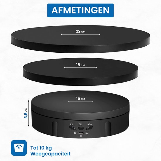 Afmetingen van de drie zwarte draaiplateaus: 15cm, 18cm, 22cm. 3.5cm hoog. Tot 10kg draagvermogen.