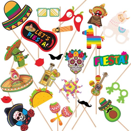 Mexicaanse Fiesta Photo Booth Props - 24 stuks - Mexicaans carnaval feestdecoratie benodigdheden - voor Mexicaanse decoratie bruiloft verjaardag babyshower