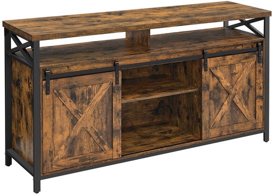 Meuble TV Meuble de rangement adapté pour un téléviseur de 65 pouces, avec étagère réglable, 2 portes coulissantes et 3 compartiments de rangement ouverts, cadre en métal robuste et durable, 40 x 147 x 76 cm, marron + noir.