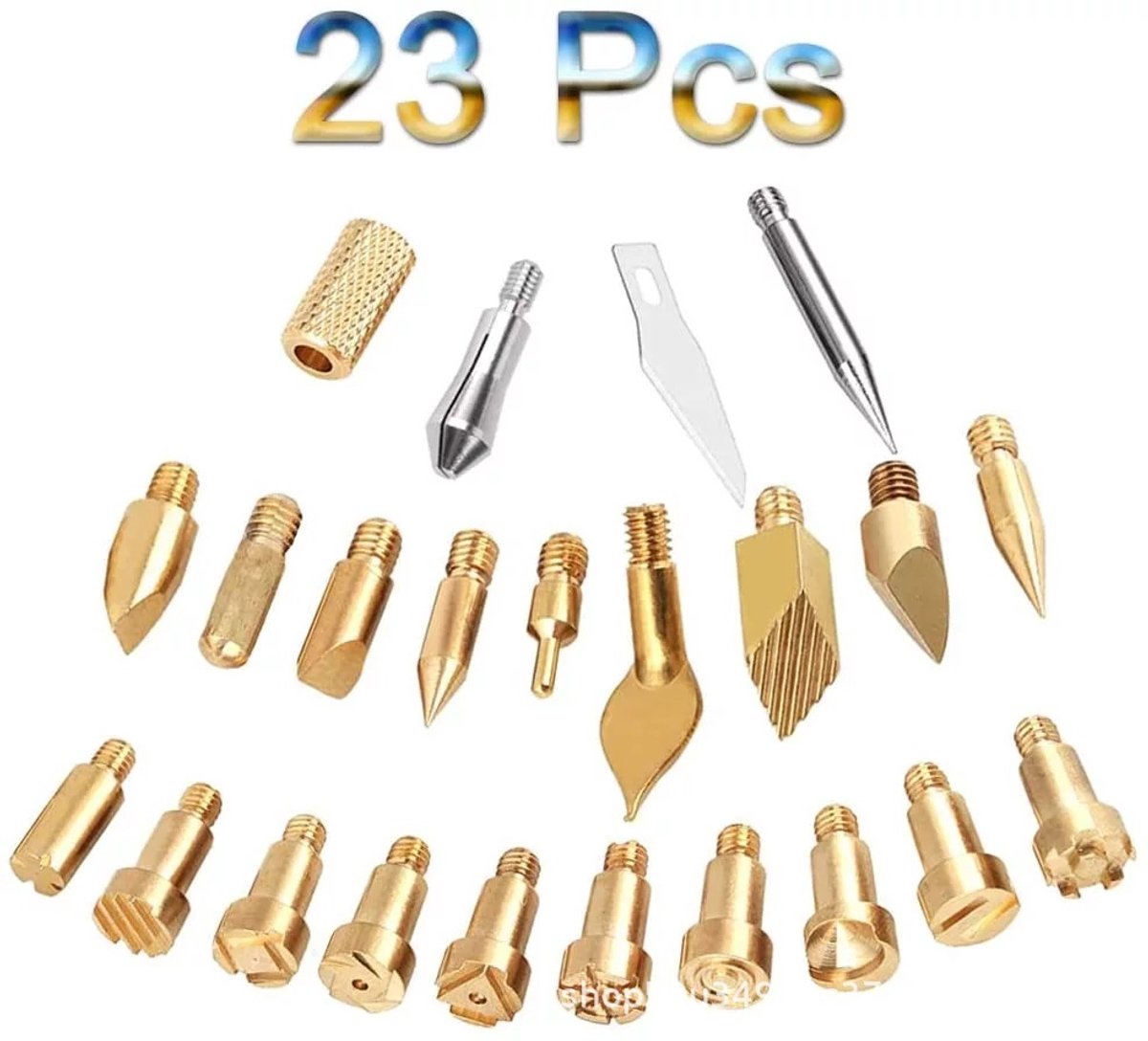 Set van 23 pyrografiepenpunten, pyrografie-accessoires, soldeerboutsjablonen, pyrografie-graveergereedschapsset