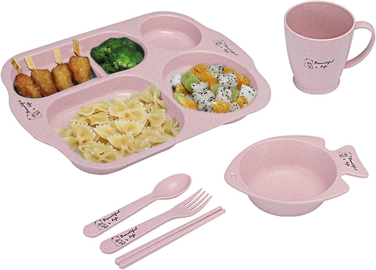 Cuhostki-1set-Baby-Plate-Set-Nordic-Pink-Dishwasher-Safe-Break-Resistant