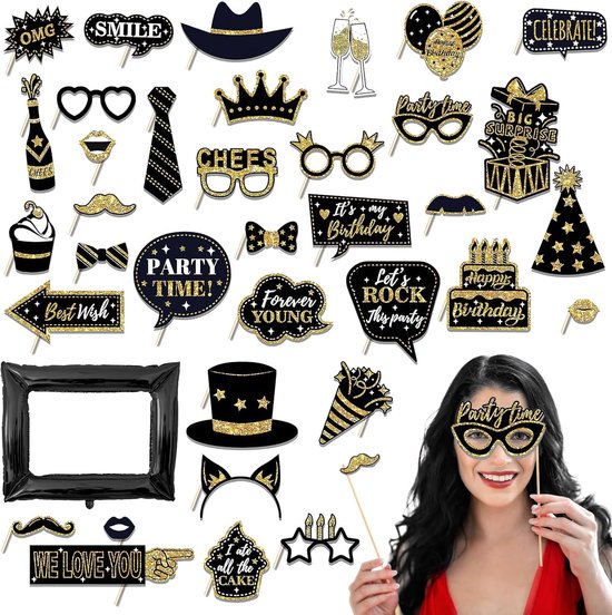 Pack van 36 Foto Props - Foto Box - Accessoires voor Verjaardag - Foto Booth - Decoratie van Caps - Baard - Lipstick - Stropdas - Kronen en Meer - Carnaval - Bruiloft - Halloween