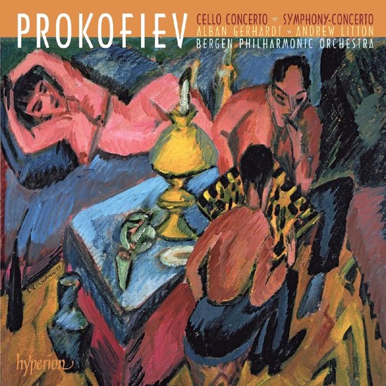 Albumhoes Prokofiev Cello Concerto Symphony-Concerto met tekst en schilderij van vier personen rond een tafel.