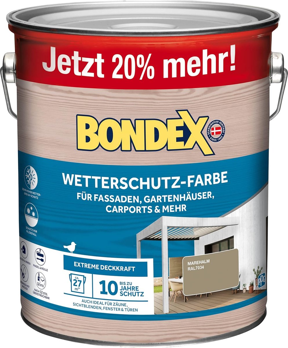 Bondex Weerbestendige Verf Marehalm (RAL 7034) 3 L voor 27 m² | Extreem dekkend | Uitstekende weersbestendigheid | Zijdeglans | Weerbestendige verf | Houtverf