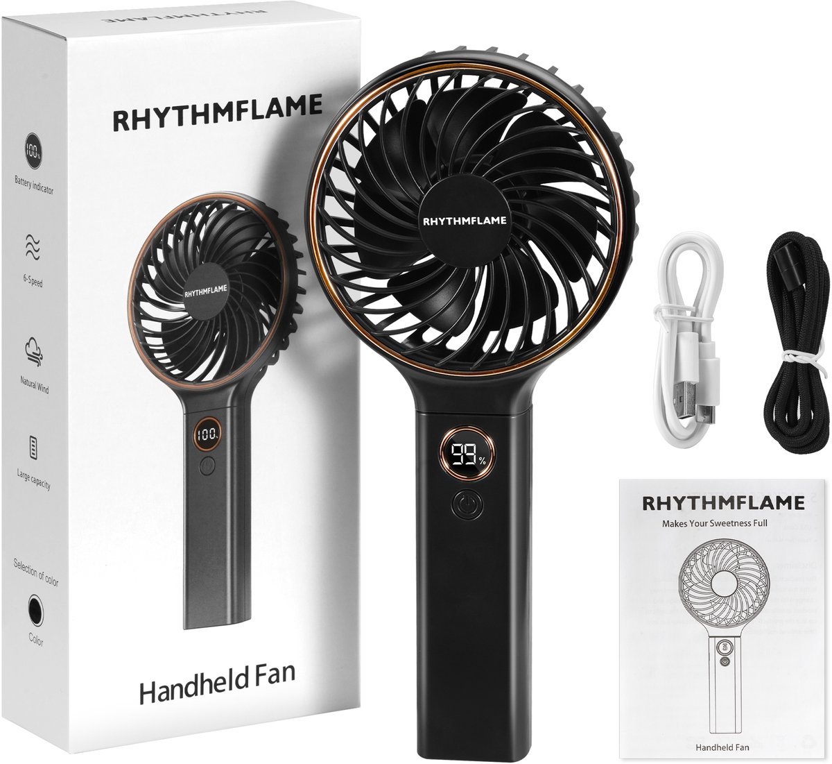 RHYTHMFLAME Handventilator - Kleine USB-ventilator - Draagbare Mini Ventilator - 4000 mAh - 6 Standen - Lanyard Ventilator -Opvouwbaar metDisplay - Nek Ventilator usb oplaadbaar - Zwart — afbeelding 9