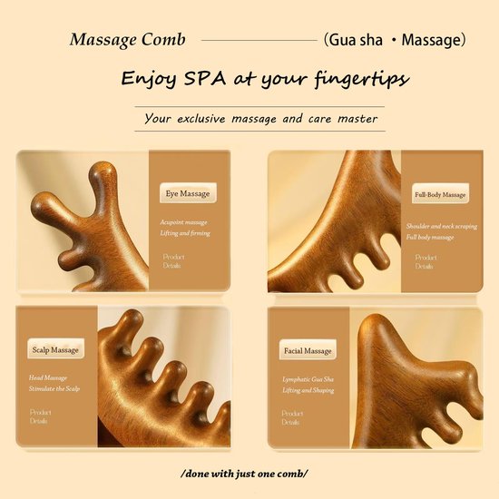 Massagekam - Kam - Gua Sha-massagetool - Hoofdhuidverzorgingsmassagekam - Gezichtsmassage - Combineert Gua Sha- en Shiatsu-functies - Geschikt voor dagelijkse verzorging thuis, ontspanning op kantoor en ontspanning op reis - bruin