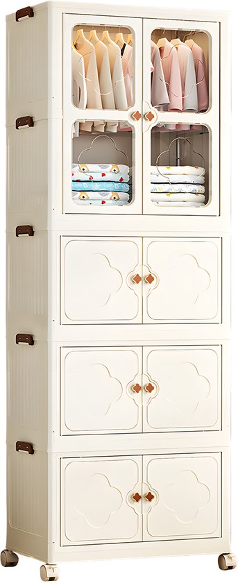 OFMOTRA Kledingkast - Garderobekast - Kleerkast Opvouwbaar - Kledingkasten Slaapkamer - 177 x 65 x 39cm - Kunststof - Vouwbare Kast met 10 kledingstang - Wit