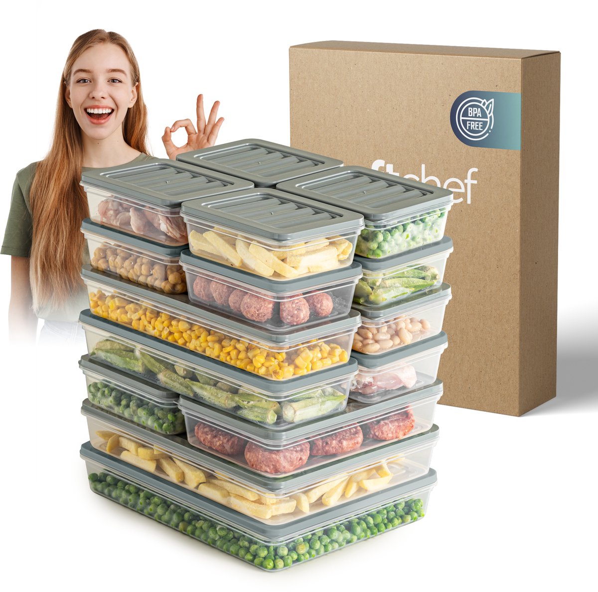 Soft Chef Fresh Box 16-delige Voedselbewaarset (8×600 ml, 4×1170 ml, 2×1200 ml, 2×2400 ml) – Transparant met grijze deksels – BPA-vrij – Luchtdicht & Lekvrij – Magnetron, Vaatwasser & Vriezerbestendig