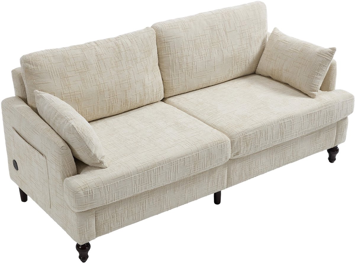Merax 2-zits Chenille Sofa – LED-verlichting – USB Oplaadpoort – Opbergtas – Houten Poten – Voor Woonkamer - Slaapkamer & Thuiswerkplek – Beige