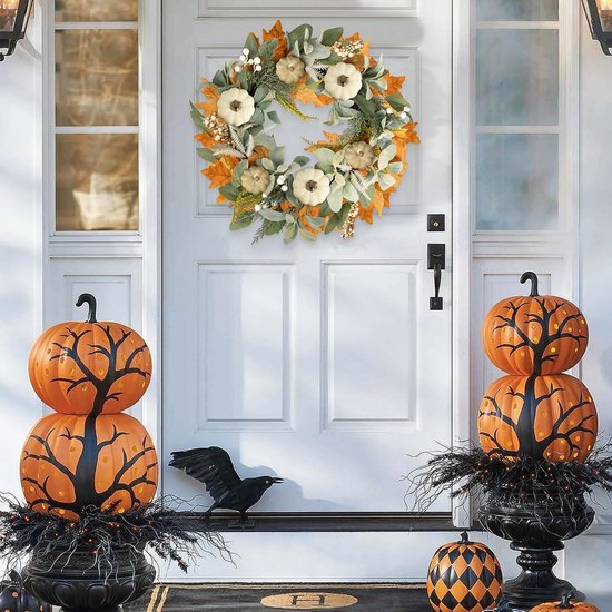 Couronne D'automne Avec Citrouilles Blanches Et Feuilles D'érable – Décoration De Porte Ou Mur, 30 Cm