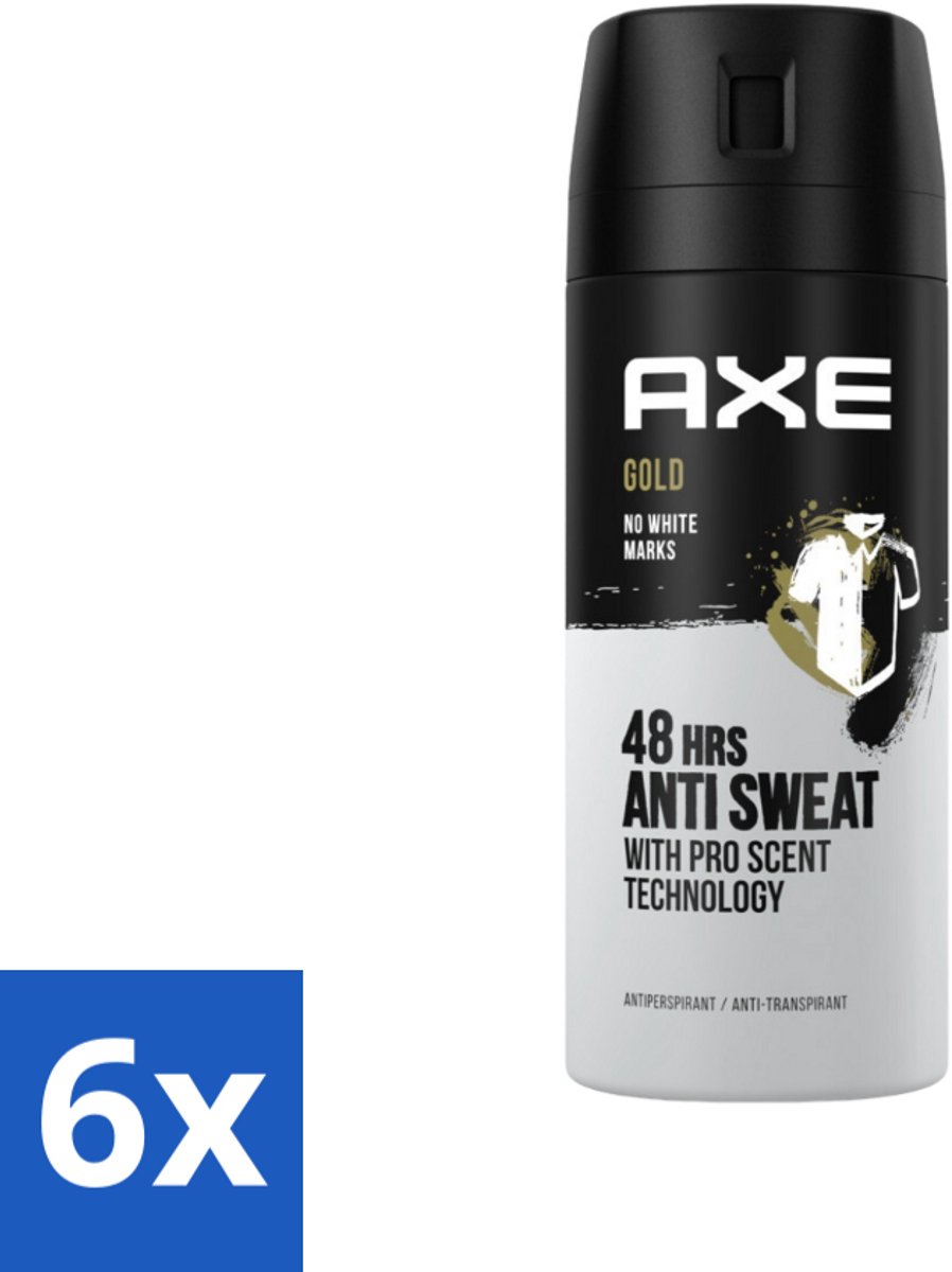 6 x Axe - Deodorant Spray - 72hrs Anti Sweat - Anti White Marks - Gold - 150 ml - Anti-transpirant - Deodorant - Axe Gold - Oud Wood - Vanille