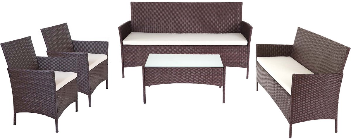 3-2-1-1 Polyrotan tuinset Halden, loungeset zitgroep bank ~ bruin gemêleerd, kussens crème