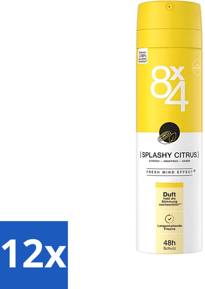 12 x 8 x 4 Deospray - Splashy Citrus - Deodorant - Citrusgeur - 150 ml - Citrus Deodorant - Energiegeur - Frisse Geur - Zweetbescherming - Huidverzorging