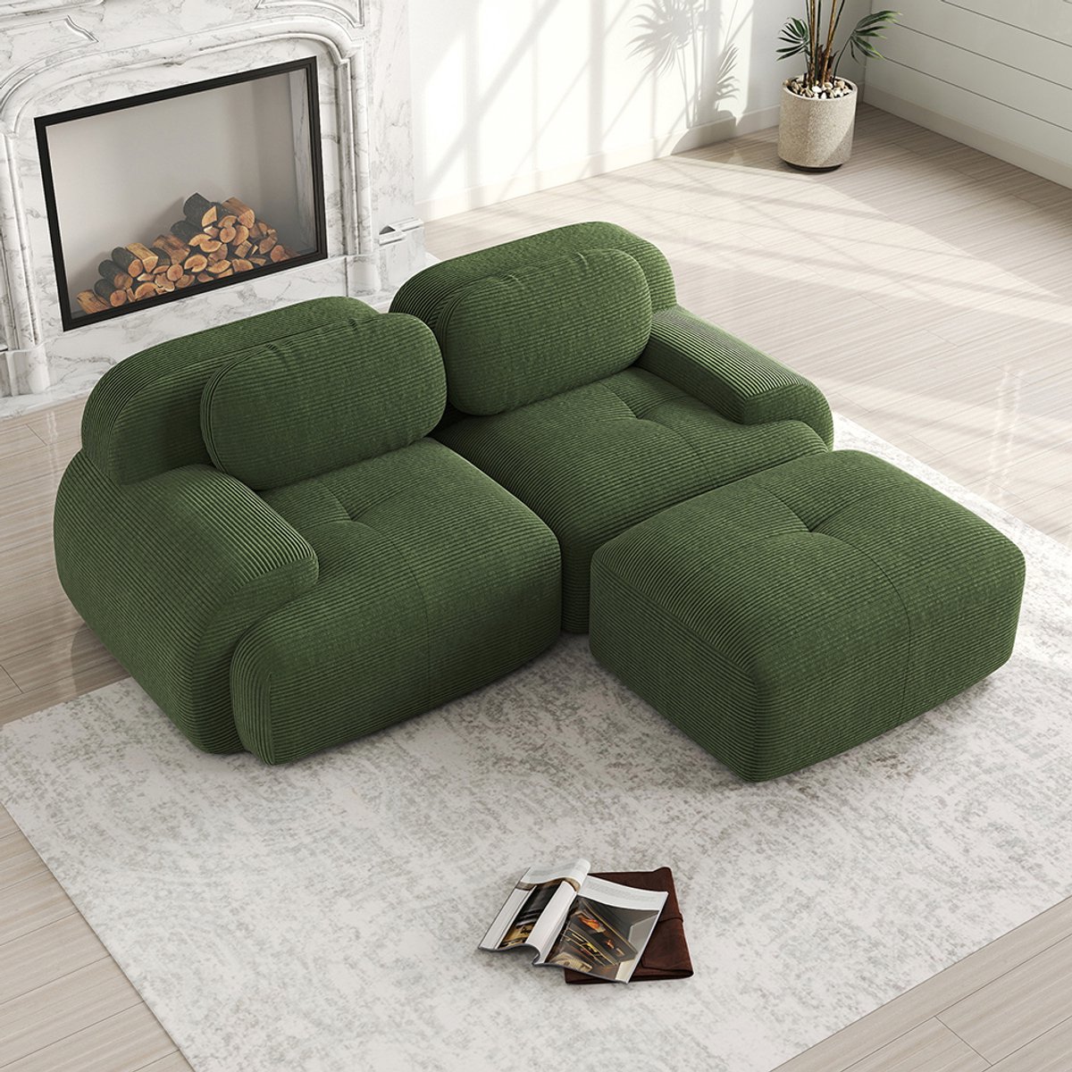 BLACKCOLORS Hoekbank 82'' van zacht corduroy, modulair combineerbaar met gebogen armleuningen, zonder montage, zeer elastische schuimvulling voor woonkamer, ontspanningsruimtes en slaapkamer, Green