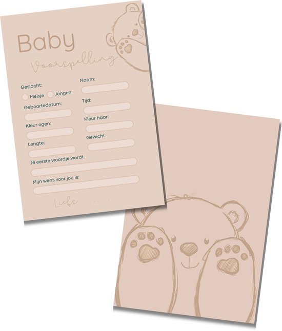 Babyshower Invulkaarten Beer Beige / Bruin - Voorspelling - Babyshower Meisje / Jongen - 20 stuks - A6 Formaat - Stevig Karton van Kraambaby. — afbeelding 2