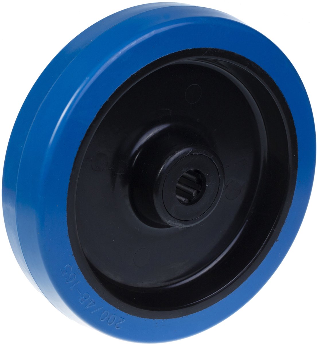 Wiel van 200 mm met blauw elastisch rubber op een nylon kern