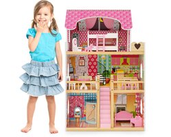 COSTWAY Poppenhuis van hout, poppenhuis met 3 etages & 15 meubels & 6 kamers, droomhuis voor meisjes, poppenvilla poppenhuis speelgoed voor meisjes vanaf 3 jaar, TP10159PIDE