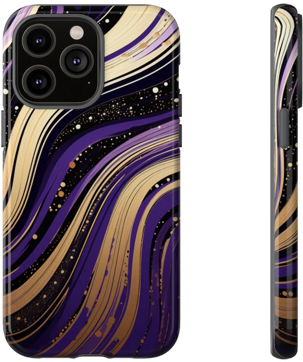 Paarse en Gouden Abstracte Krullen – Telefoonhoesje Geschikt voor iPhone 14 Pro Max
